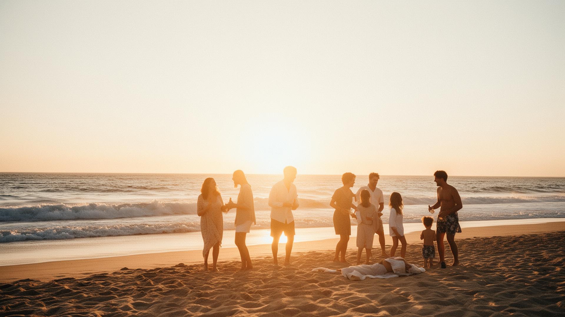 Young adults on a beach at sunset